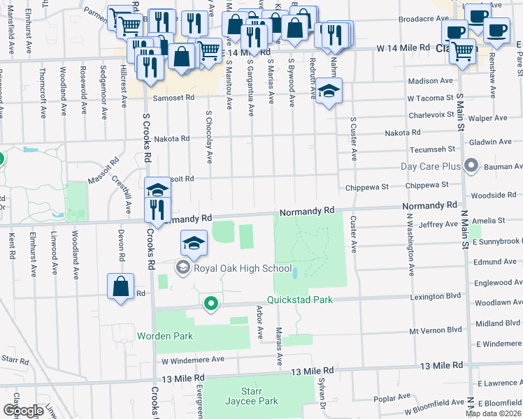 map of restaurants, bars, coffee shops, grocery stores, and more near 815 South Gargantua Avenue in Clawson