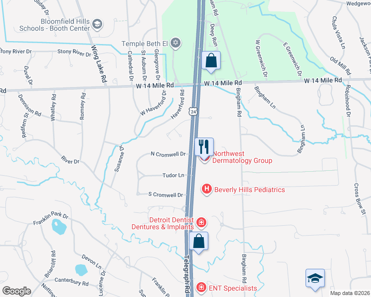 map of restaurants, bars, coffee shops, grocery stores, and more near 24459 Bloomington Court in Franklin