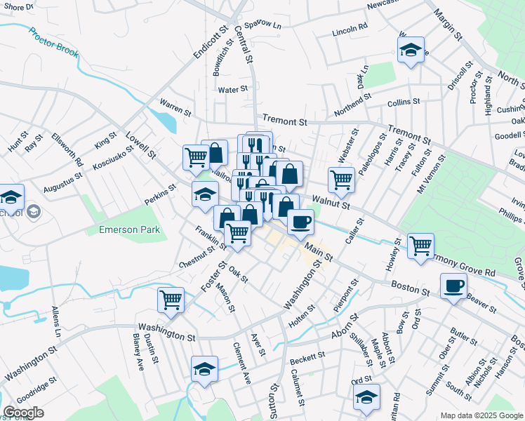 map of restaurants, bars, coffee shops, grocery stores, and more near Peabody Square in Peabody
