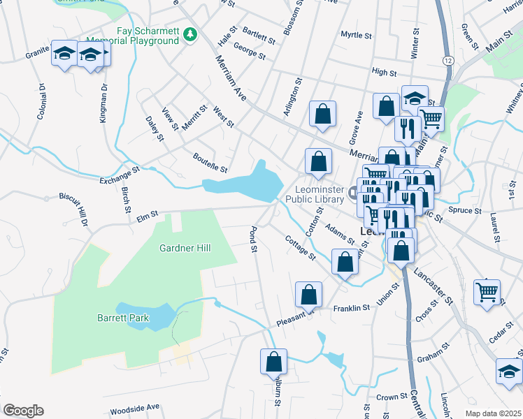 map of restaurants, bars, coffee shops, grocery stores, and more near 13 Elm Street in Leominster