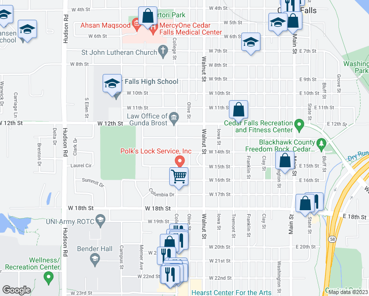 map of restaurants, bars, coffee shops, grocery stores, and more near 1310 College Street in Cedar Falls