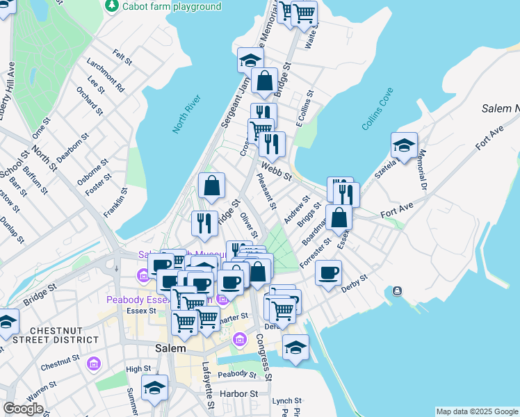 map of restaurants, bars, coffee shops, grocery stores, and more near 3 Parker Court in Salem