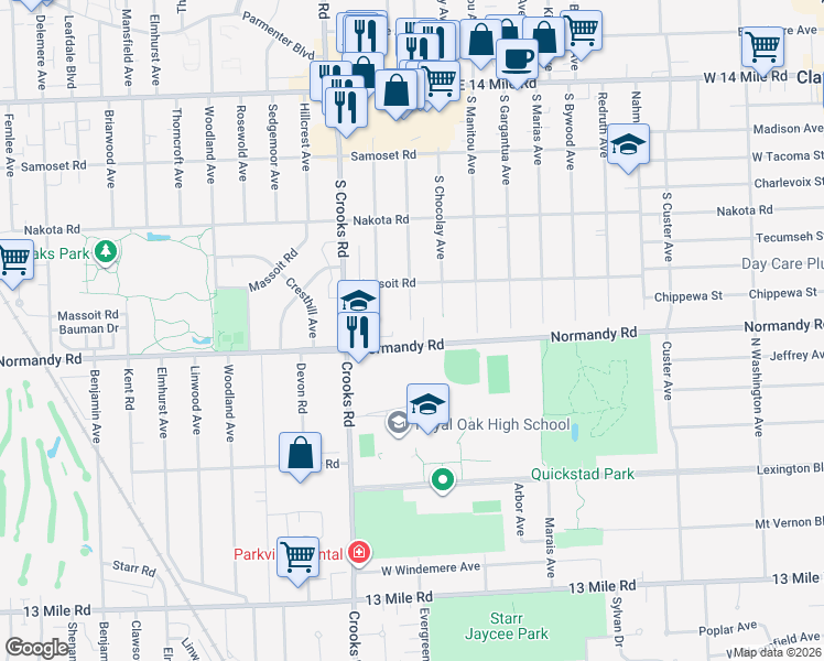 map of restaurants, bars, coffee shops, grocery stores, and more near 806 South Webik Avenue in Clawson