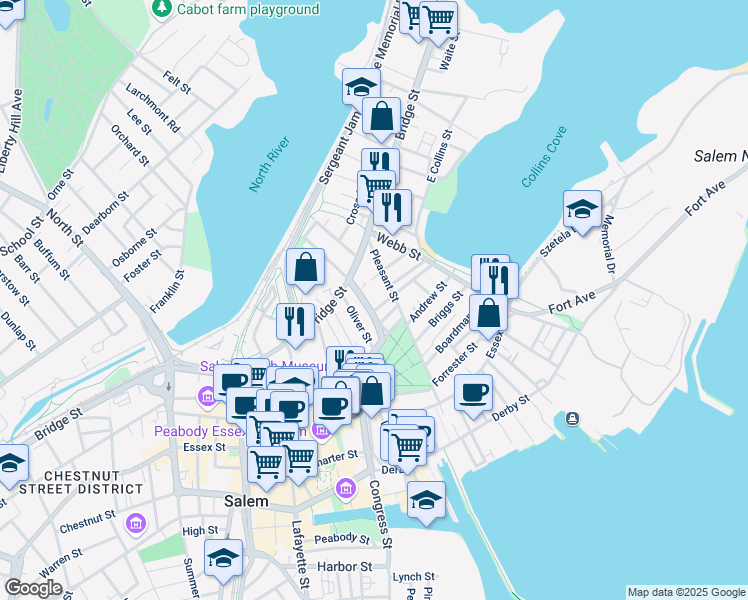 map of restaurants, bars, coffee shops, grocery stores, and more near 3 Parker Court in Salem