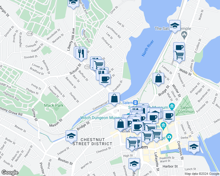 map of restaurants, bars, coffee shops, grocery stores, and more near 105 North Street in Salem