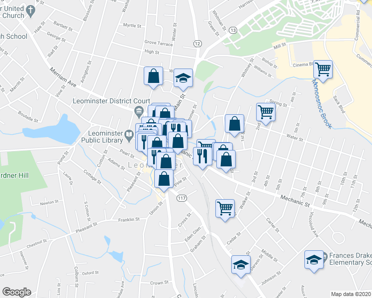 map of restaurants, bars, coffee shops, grocery stores, and more near 52 Mechanic Street in Leominster