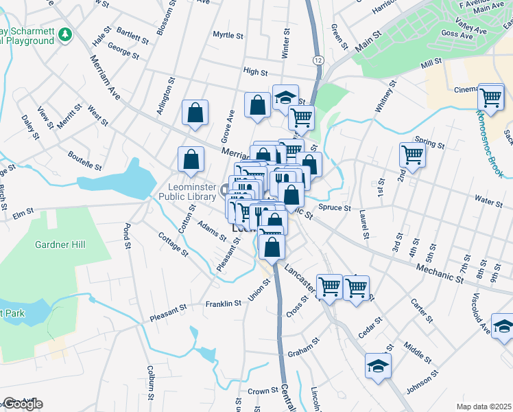 map of restaurants, bars, coffee shops, grocery stores, and more near 1 Main Street in Leominster