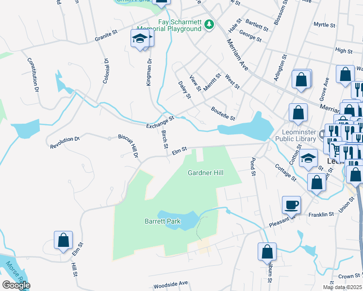 map of restaurants, bars, coffee shops, grocery stores, and more near 30 Birch Street in Leominster