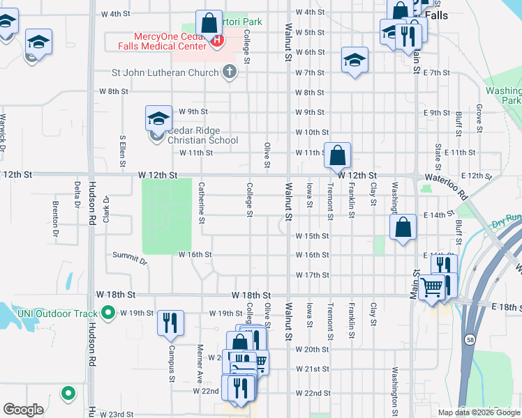 map of restaurants, bars, coffee shops, grocery stores, and more near 1310 College Street in Cedar Falls