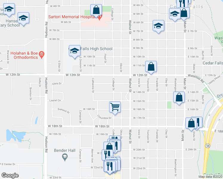 map of restaurants, bars, coffee shops, grocery stores, and more near 1310 College Street in Cedar Falls