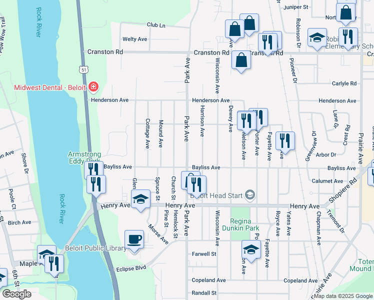 map of restaurants, bars, coffee shops, grocery stores, and more near 1939 Park Avenue in Beloit