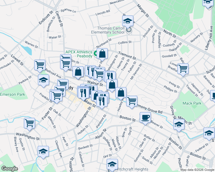 map of restaurants, bars, coffee shops, grocery stores, and more near 2 Harris Street in Peabody