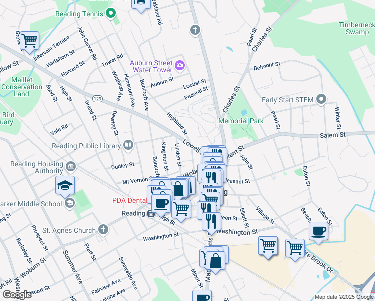 map of restaurants, bars, coffee shops, grocery stores, and more near 37 Lowell Street in Reading