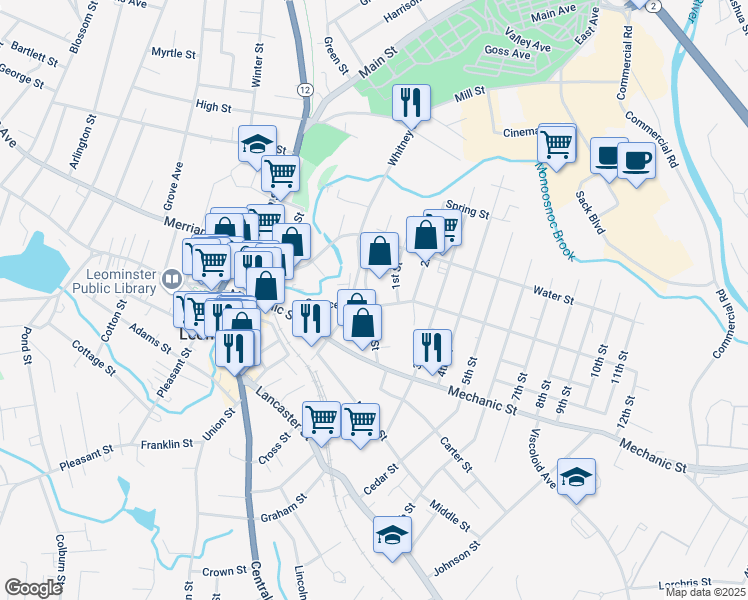 map of restaurants, bars, coffee shops, grocery stores, and more near 123 1st Street in Leominster