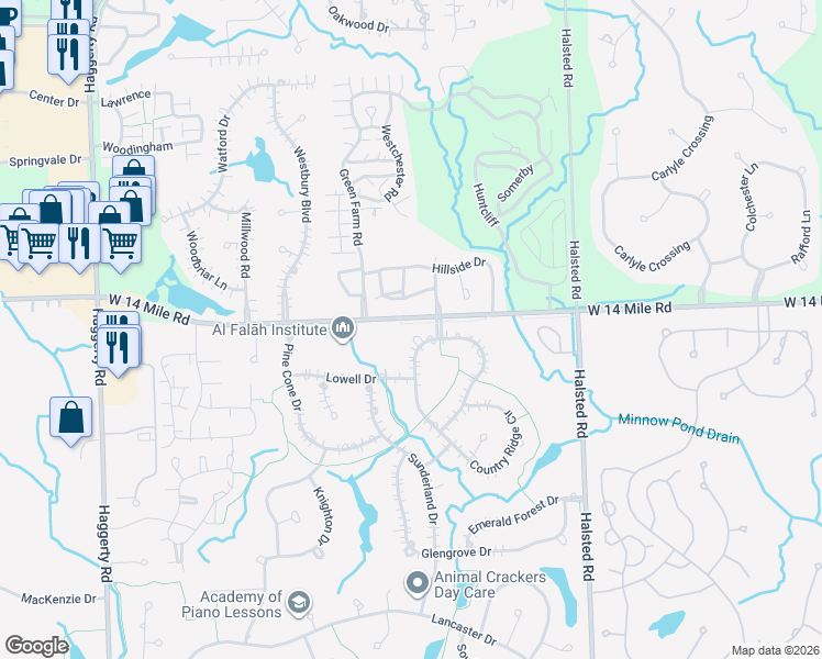 map of restaurants, bars, coffee shops, grocery stores, and more near 31179 Country Ridge Circle in Farmington Hills