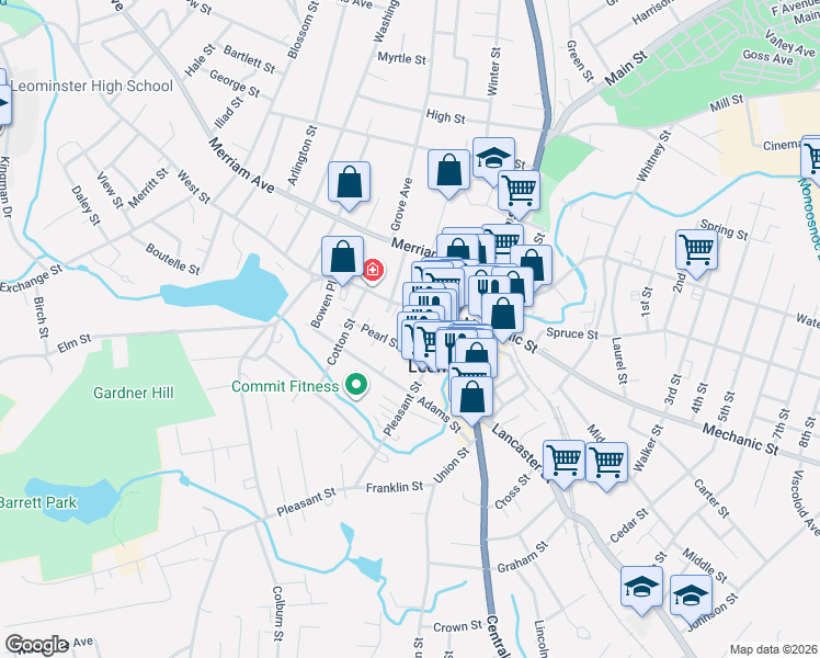 map of restaurants, bars, coffee shops, grocery stores, and more near 26 West Street in Leominster