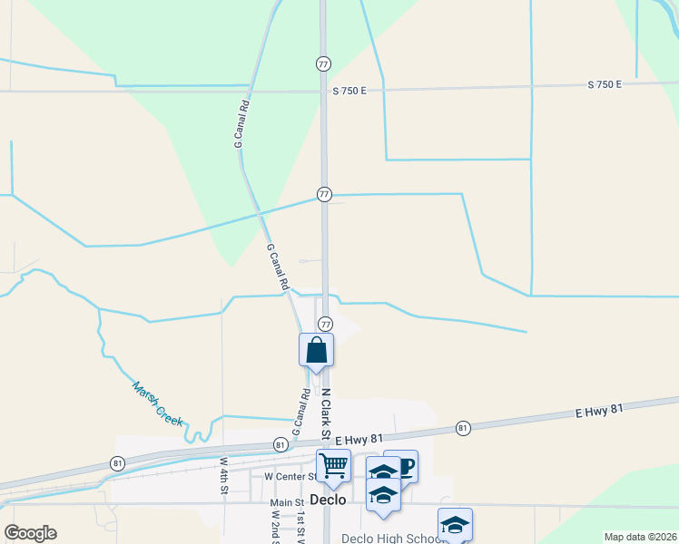 map of restaurants, bars, coffee shops, grocery stores, and more near 43 Idaho 77 in Declo