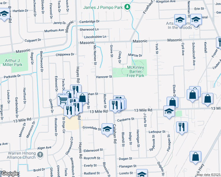 map of restaurants, bars, coffee shops, grocery stores, and more near 31256 Richert Street in Fraser