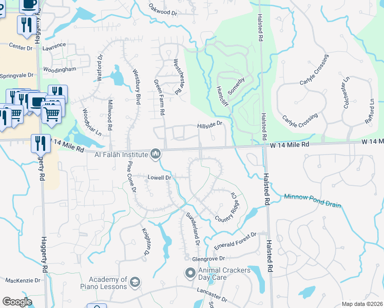 map of restaurants, bars, coffee shops, grocery stores, and more near 31179 Country Ridge Circle in Farmington Hills