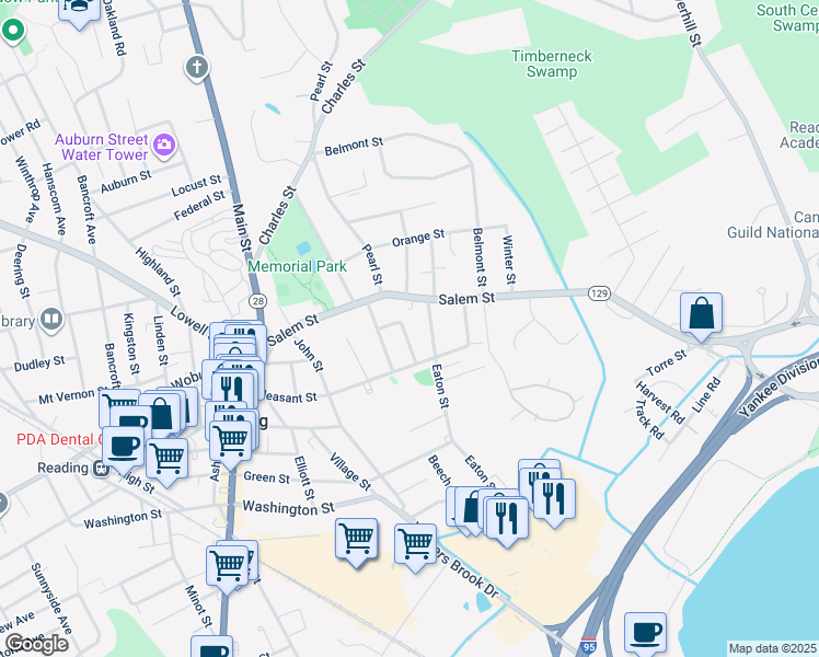 map of restaurants, bars, coffee shops, grocery stores, and more near 7-45 Eaton Street in Reading
