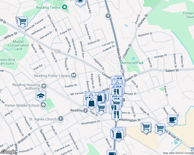 map of restaurants, bars, coffee shops, grocery stores, and more near 75 Linden Street in Reading