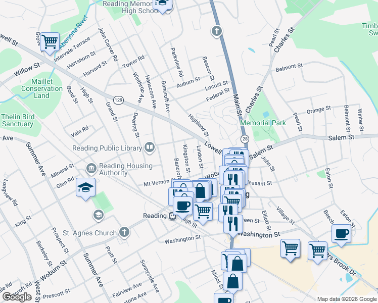 map of restaurants, bars, coffee shops, grocery stores, and more near 9 Kingston Street in Reading