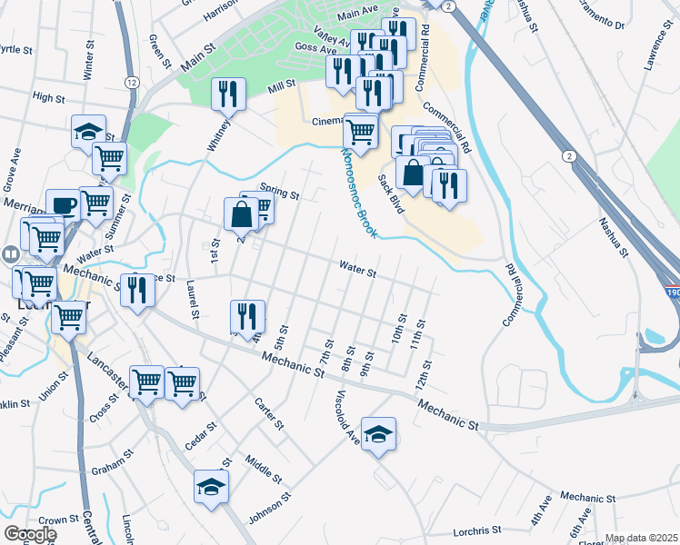 map of restaurants, bars, coffee shops, grocery stores, and more near 258 Water Street in Leominster