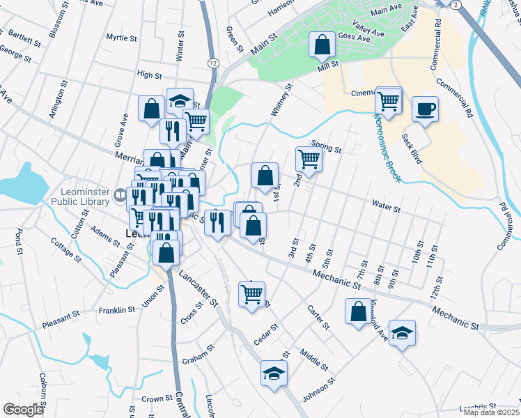 map of restaurants, bars, coffee shops, grocery stores, and more near 123 1st Street in Leominster