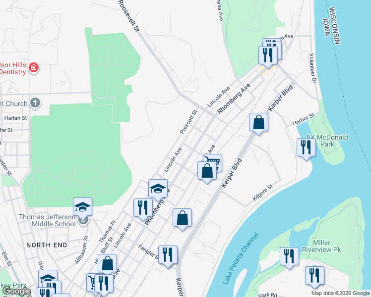 map of restaurants, bars, coffee shops, grocery stores, and more near 2001-2099 Whittier Street in Dubuque