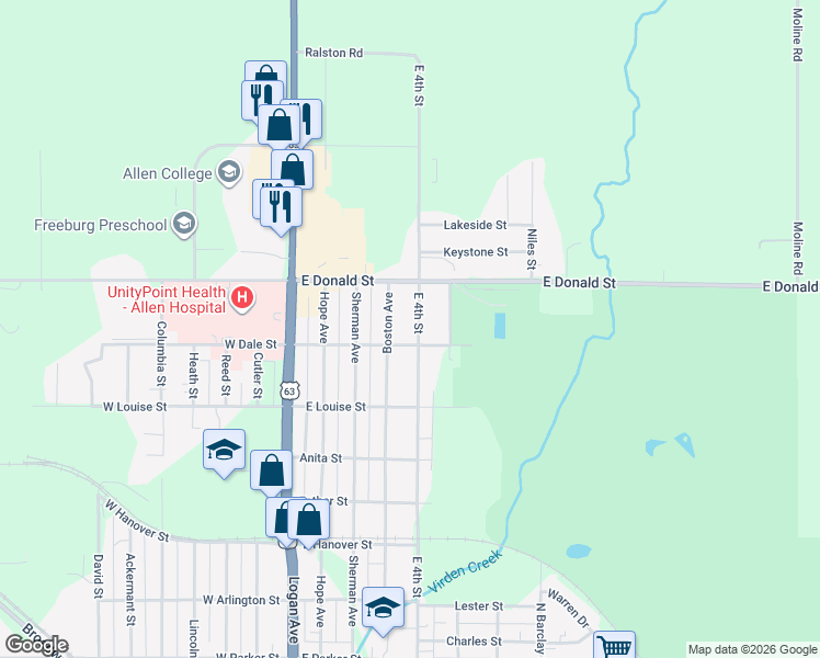 map of restaurants, bars, coffee shops, grocery stores, and more near 2828 East 4th Street in Waterloo