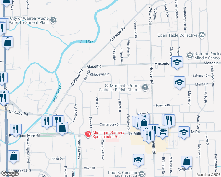 map of restaurants, bars, coffee shops, grocery stores, and more near 11242 Hanover Drive in Warren