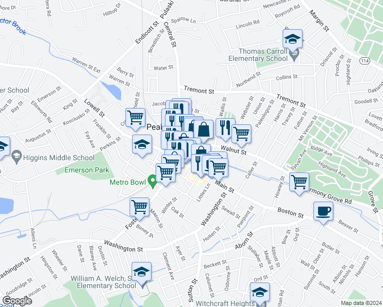 map of restaurants, bars, coffee shops, grocery stores, and more near 4 Mill Street in Peabody