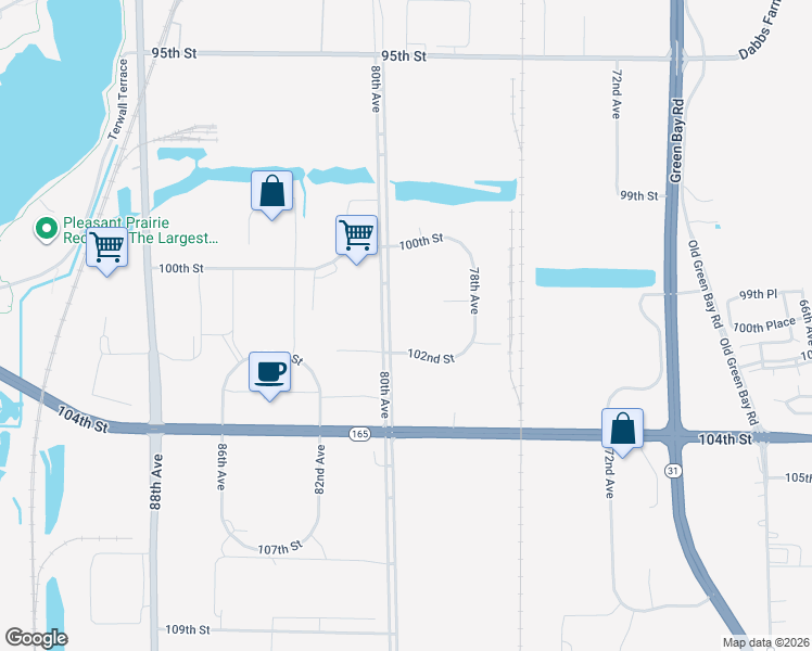 map of restaurants, bars, coffee shops, grocery stores, and more near 7900 102nd Street in Pleasant Prairie