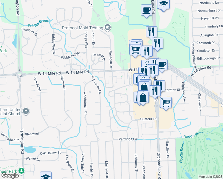 map of restaurants, bars, coffee shops, grocery stores, and more near 31085 Pheasant Run Street in Farmington Hills