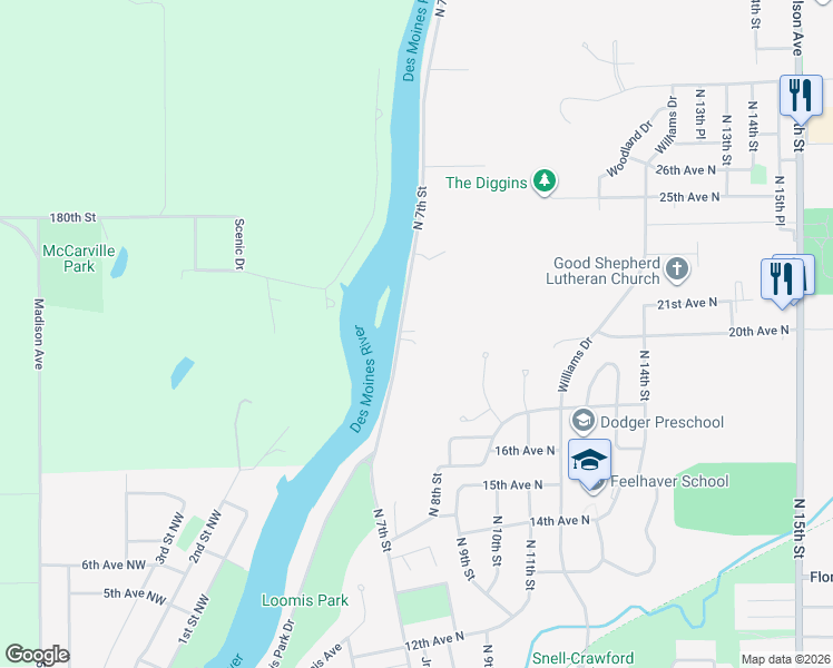 map of restaurants, bars, coffee shops, grocery stores, and more near 1929 North 7th Street in Fort Dodge