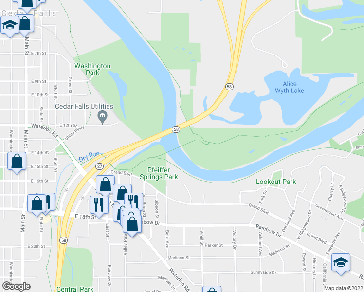 map of restaurants, bars, coffee shops, grocery stores, and more near South Riverside Trail in Cedar Falls