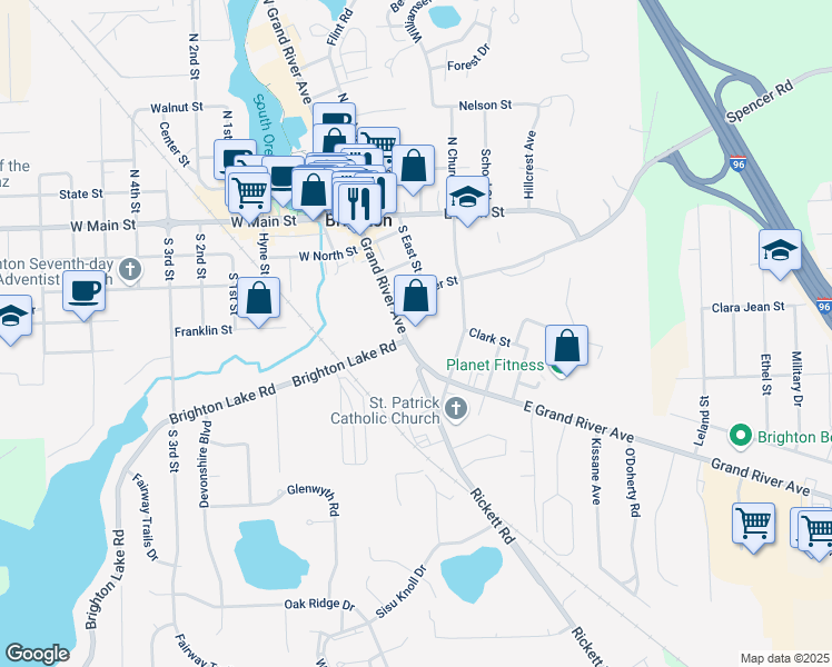 map of restaurants, bars, coffee shops, grocery stores, and more near 455 East Grand River Road in Brighton