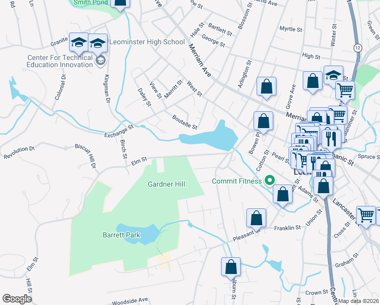 map of restaurants, bars, coffee shops, grocery stores, and more near 57 Elm Street in Leominster