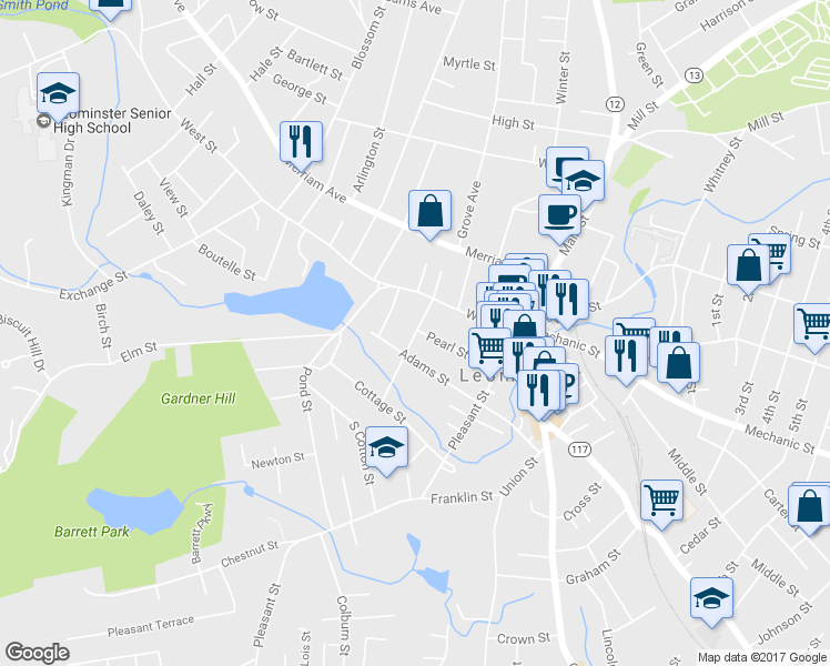 map of restaurants, bars, coffee shops, grocery stores, and more near 27 Cotton Street in Leominster