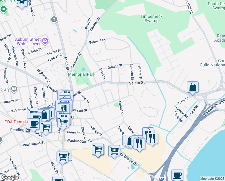 map of restaurants, bars, coffee shops, grocery stores, and more near 7-45 Eaton Street in Reading