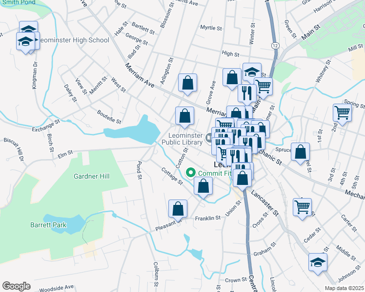 map of restaurants, bars, coffee shops, grocery stores, and more near 27 Cotton Street in Leominster