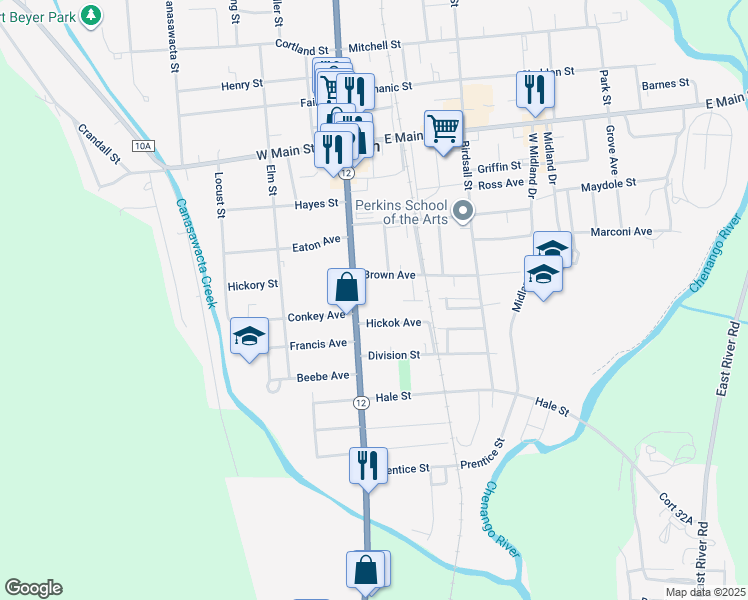 map of restaurants, bars, coffee shops, grocery stores, and more near 16 Brown Avenue in Norwich
