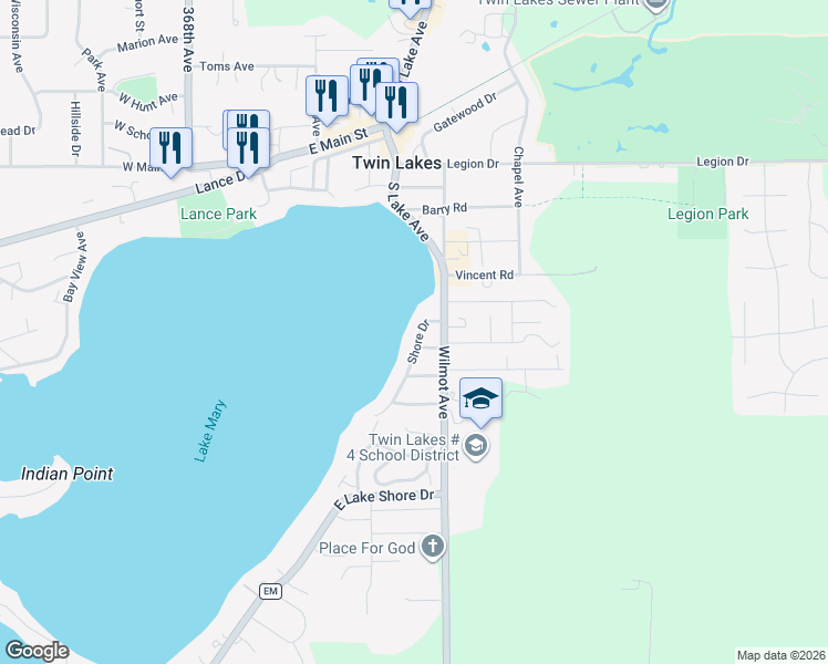 map of restaurants, bars, coffee shops, grocery stores, and more near 831 Shore Drive in Twin Lakes