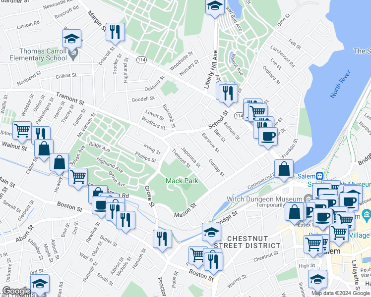 map of restaurants, bars, coffee shops, grocery stores, and more near 32 Japonica Street in Salem