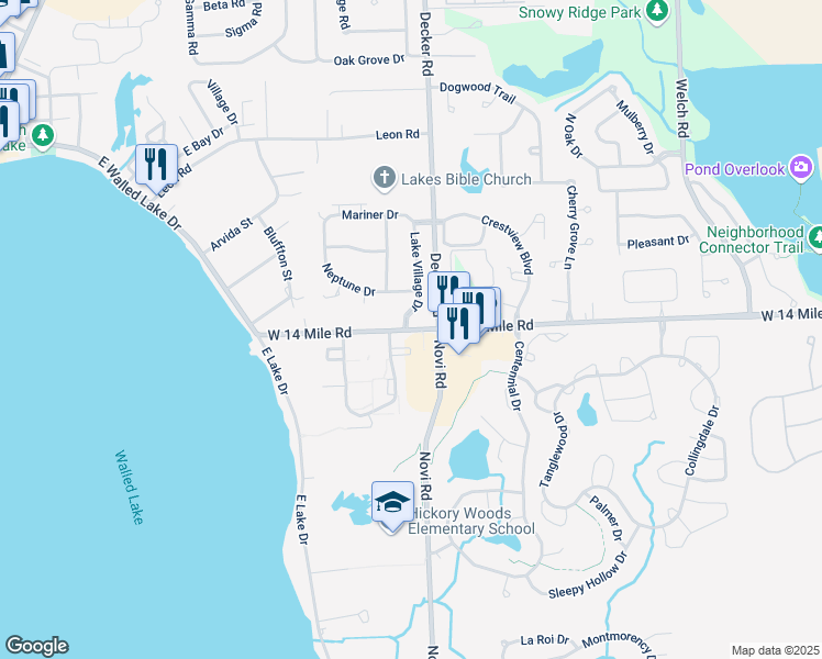 map of restaurants, bars, coffee shops, grocery stores, and more near 119 Lake Village Drive in Walled Lake