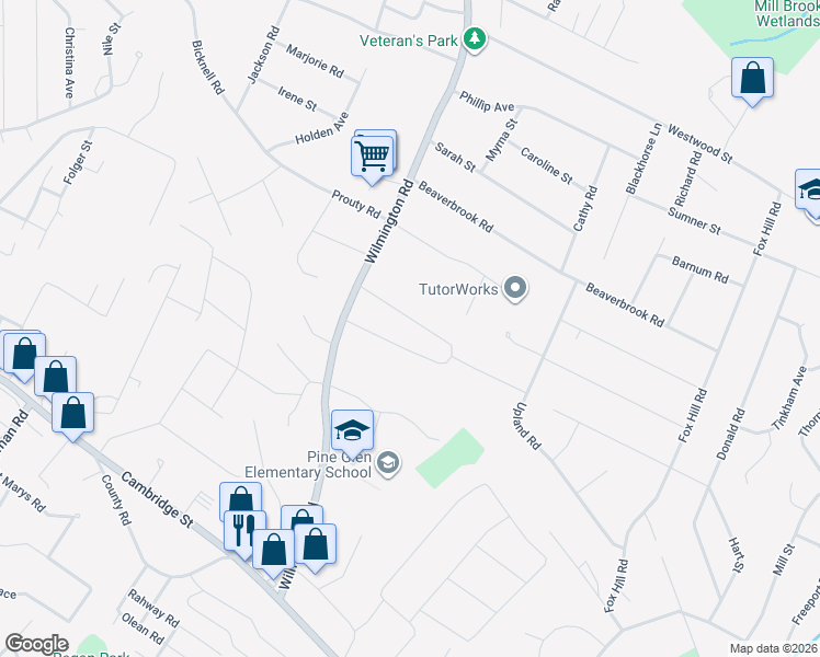 map of restaurants, bars, coffee shops, grocery stores, and more near 9 Woodhill Road in Burlington