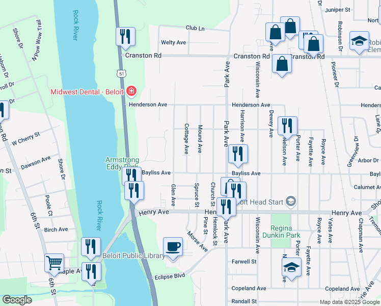 map of restaurants, bars, coffee shops, grocery stores, and more near 1942 Mound Avenue in Beloit
