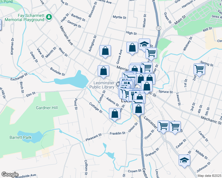 map of restaurants, bars, coffee shops, grocery stores, and more near 51 Pearl Street in Leominster