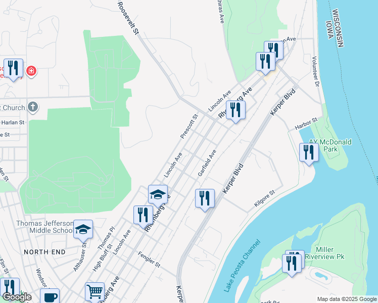 map of restaurants, bars, coffee shops, grocery stores, and more near 2001 Whittier Street in Dubuque