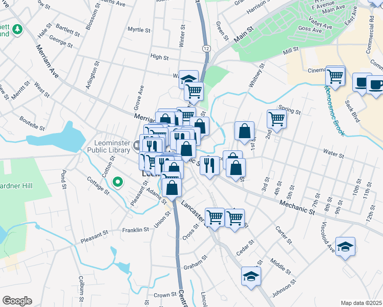 map of restaurants, bars, coffee shops, grocery stores, and more near 52 Mechanic Street in Leominster